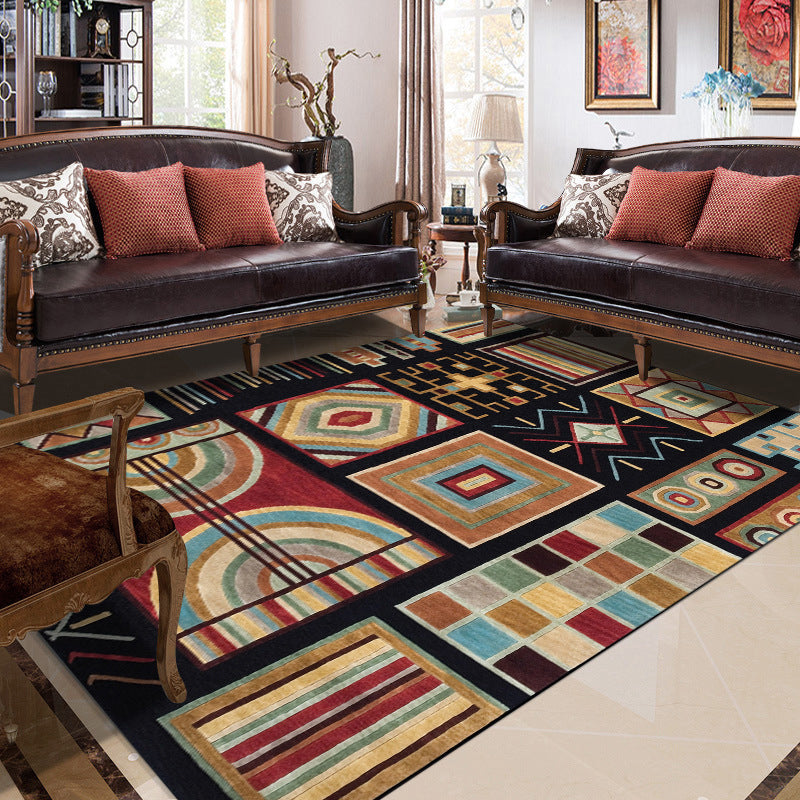 BowLift | Black Multicolored Southwest Rug Polyester Checkered Pattern Rug Washable Non-Slip Back Rug for the Living Room