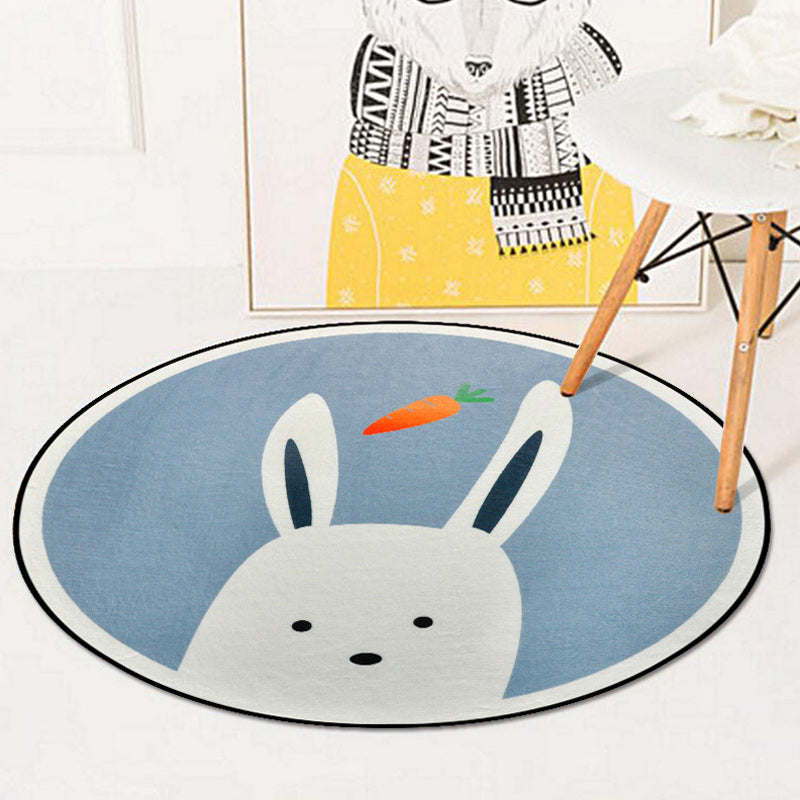 BowLift | Blue and Ivory Children's Room Carpet Child Animals Rabbit Owl Elephant Penguin Pattern Area Rug Polyester Washable Carpet