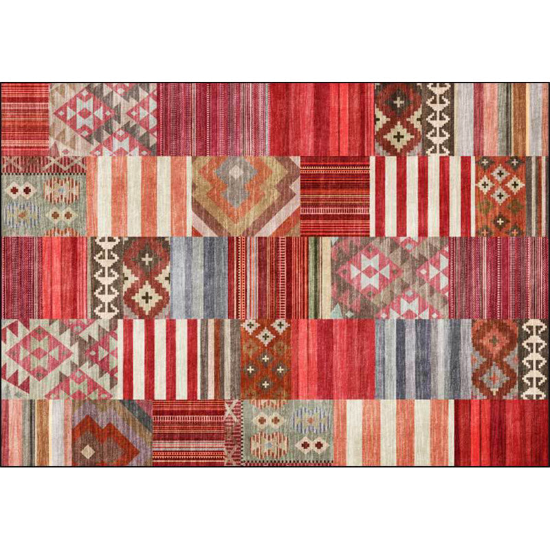 BowLift | American Tribal Striped Pattern Carpet Red Polyester Carpet Machine Washable Non-Slip Back Living Room Carpet for Bedroom