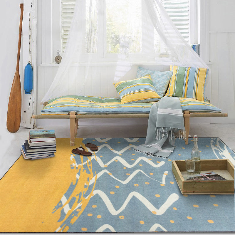 BowLift | Minimalistic Novelty Area Rug in Blue and Yellow Geometric Dots Wave Pattern Area Rug Polyester Non-Slip Carpet for Home Decoration
