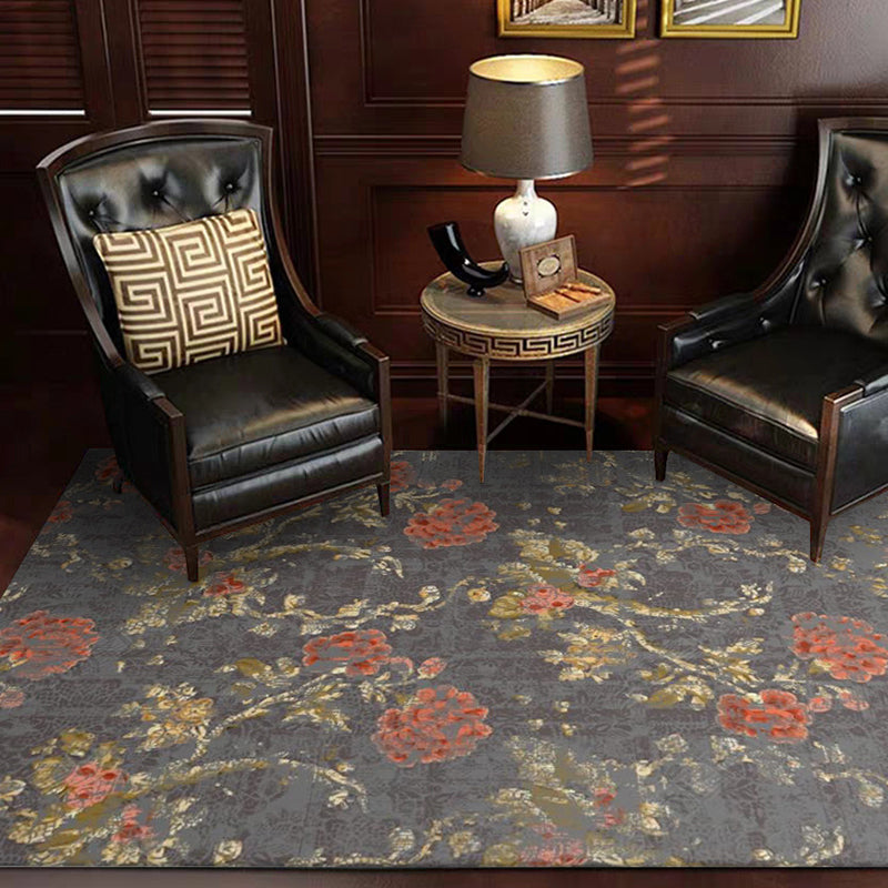 BowLift | Dark Gray Vintage Carpet Polyester Flower and Leaf Pattern Carpet Washable Non-Slip Back Carpet for Living Room