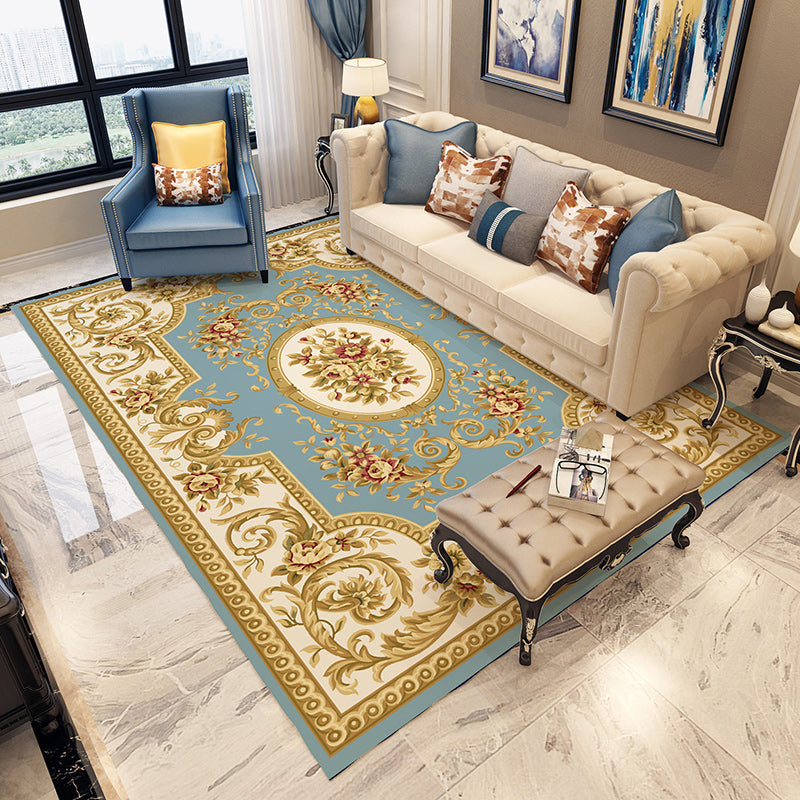 BowLift | Blue and gray bedroom rug Moroccan medallion floral pattern area rug polyester non-slip washable rug