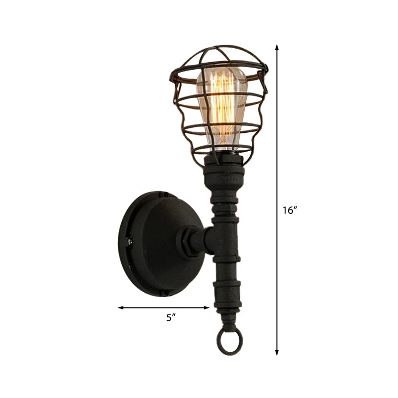 BowLift | Vintage Industrial Coated Wall Lamp 1 Light Metal Wall Mount Light with Water Pipe in Black for Dining Room