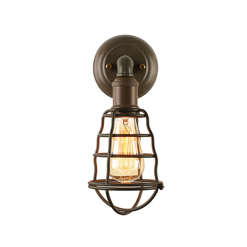 BowLift | Rust Finish Mini Wall Lamp with Cage Shade Antique Style Iron 1 Light Farmhouse Wall Mount Lighting