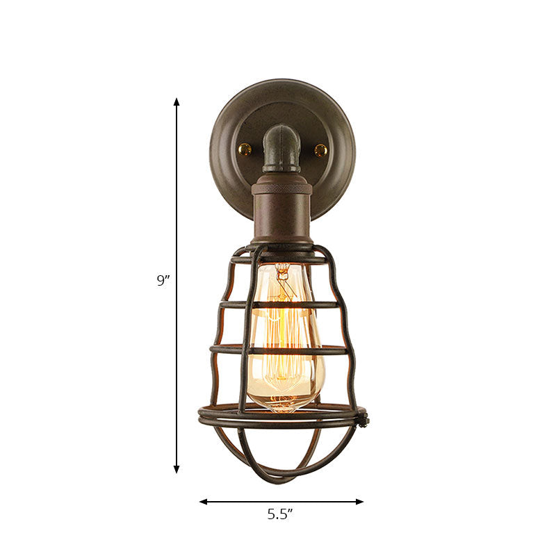 BowLift | Rust Finish Mini Wall Lamp with Cage Shade Antique Style Iron 1 Light Farmhouse Wall Mount Lighting