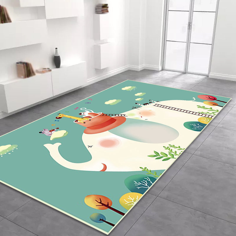BowLift | Kids Bedroom Rug in Green Animal Elephant Tree Cloud Print Rug Polyester Machine Washable Rug