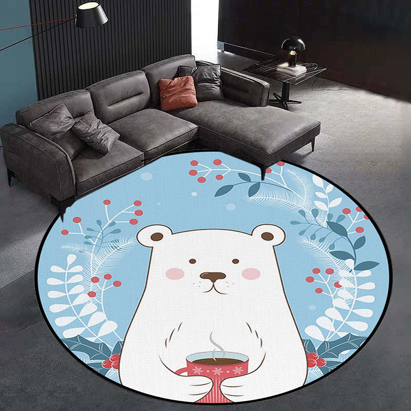 BowLift | Kids Bedroom Carpet in Blue Animal Bear Leaf Drink Print Carpet Polyester Anti-Slip Back Carpet