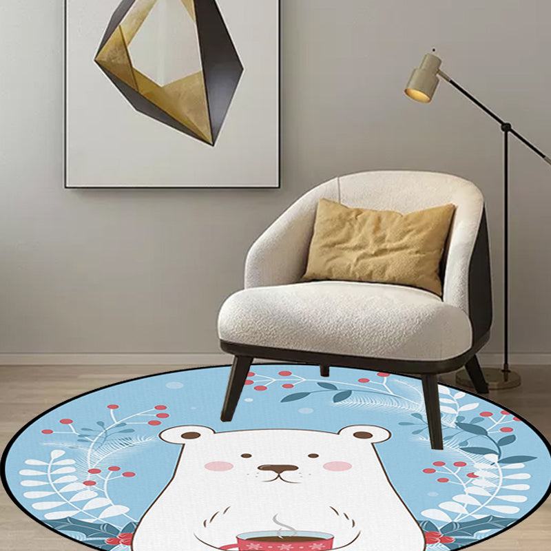 BowLift | Kids Bedroom Carpet in Blue Animal Bear Leaf Drink Print Carpet Polyester Anti-Slip Back Carpet