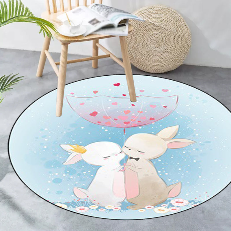 BowLift | Blue and Pink Children's Room Carpet Child Animal Horse Rabbit Pattern Carpet Polyester Non-Slip Back Carpet
