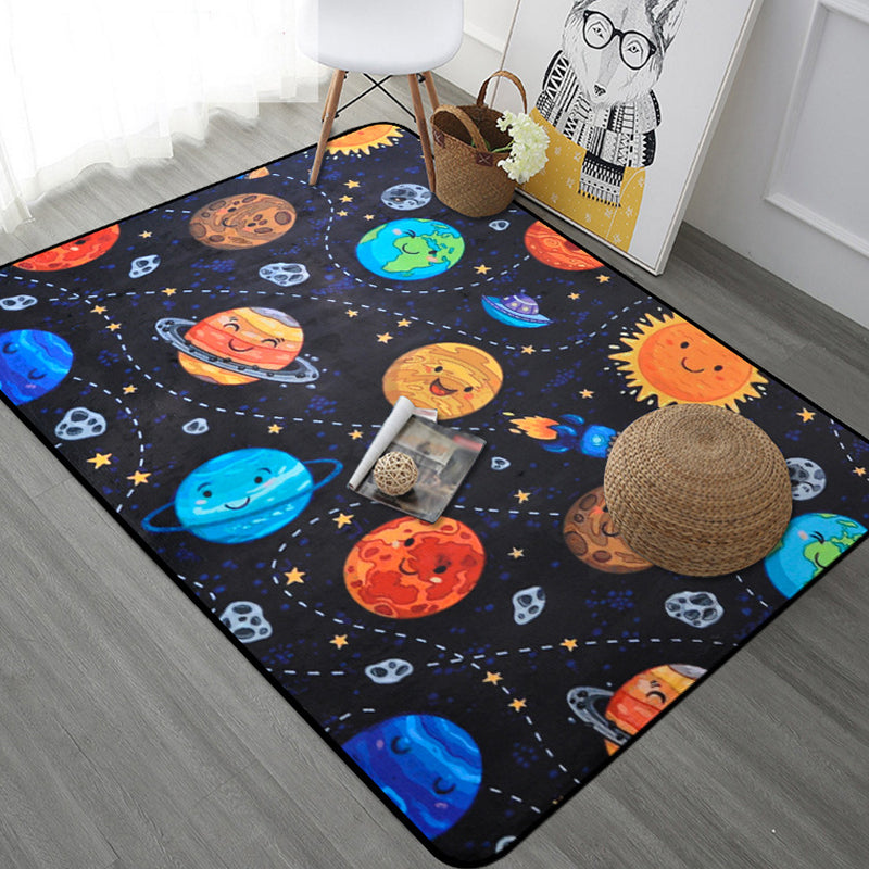 BowLift | Kids Children's Room Carpet in Blue and Black Space Spaceship Planet Print Carpet Polyester Machine Washable Carpet