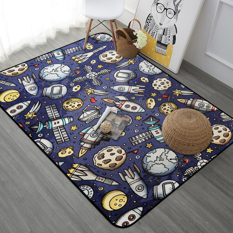 BowLift | Kids Children's Room Carpet in Blue and Black Space Spaceship Planet Print Carpet Polyester Machine Washable Carpet