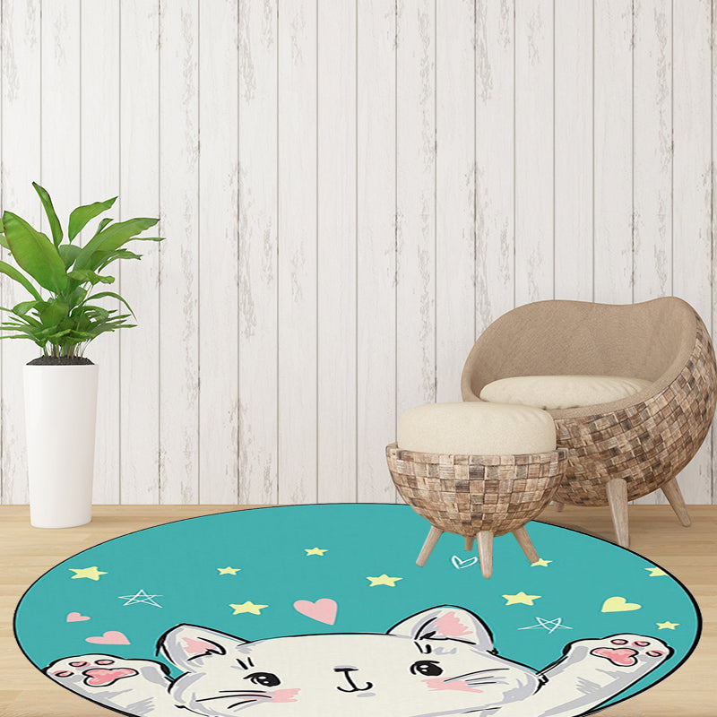 BowLift | Kids Room Rug in Green and Yellow Animal Cat Heart Star Print Rug Polyester Stain Resistant Area Rug