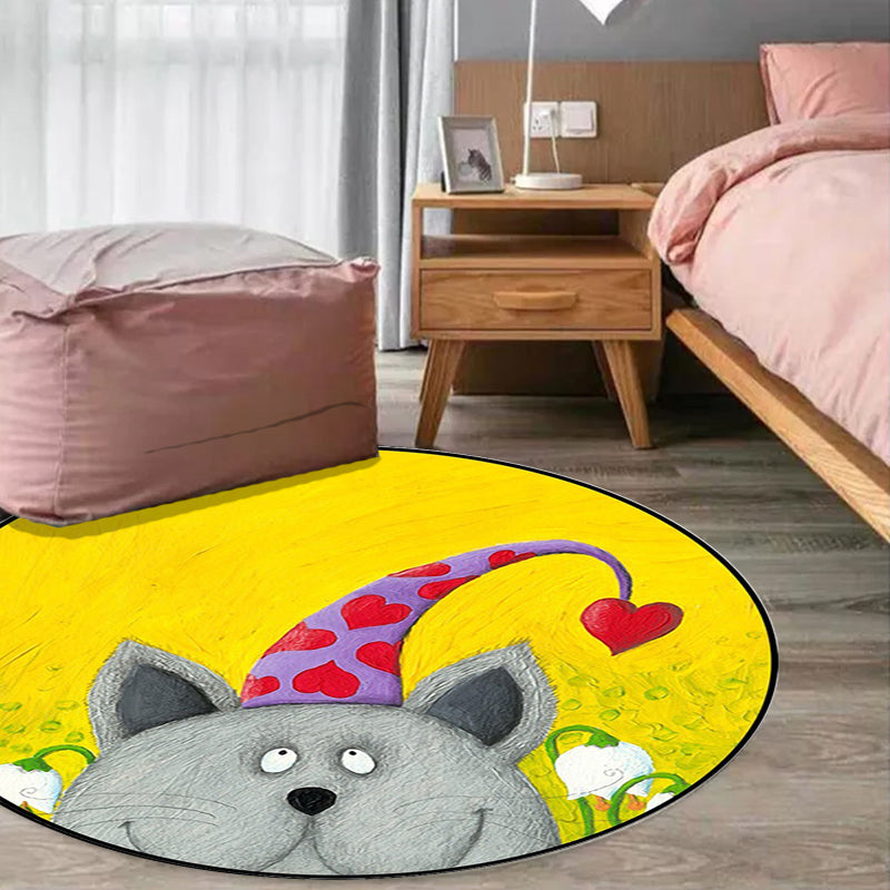 BowLift | Kids Room Rug in Green and Yellow Animal Cat Heart Star Print Rug Polyester Stain Resistant Area Rug