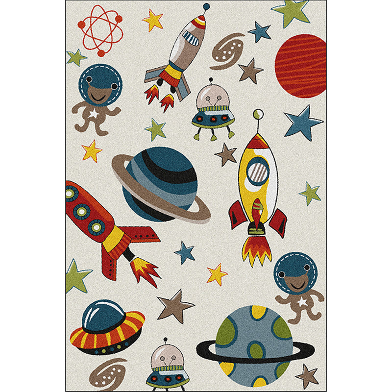 BowLift | Ivory Kids Room Carpet Kids Space Planet Star Rocket Pattern Carpet Polyester Pet-Friendly Carpet