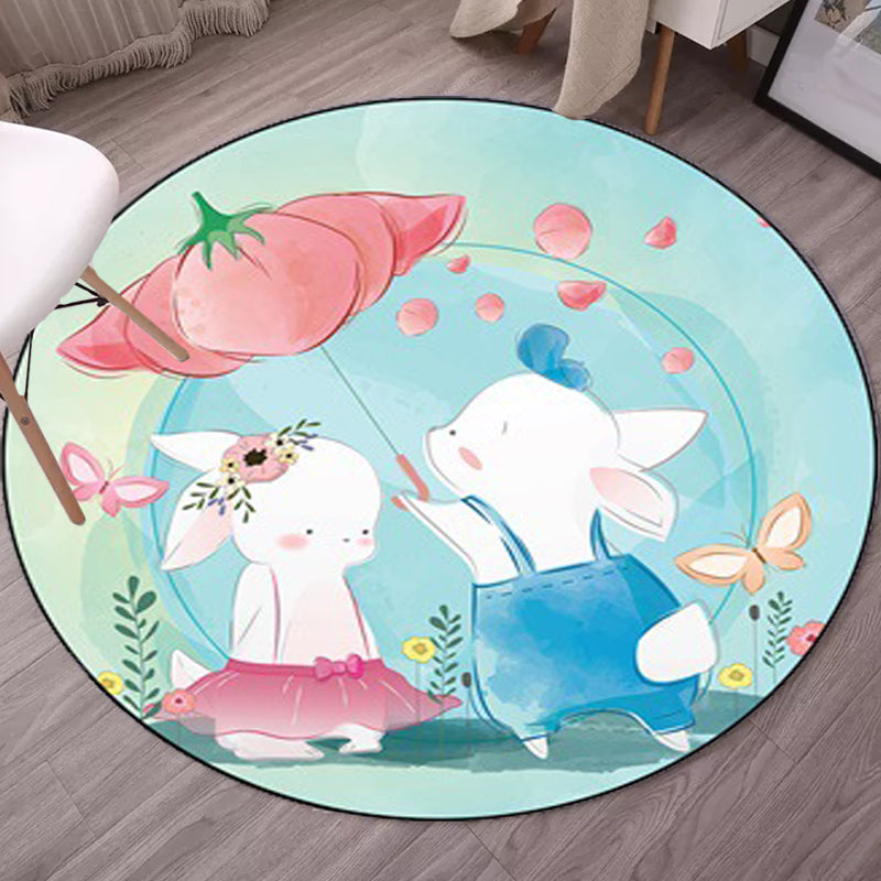 BowLift | Kids Bedroom Carpet in Blue Animal Elephant Rabbit Hedgehog Print Carpet Polyester Pet-Friendly Area Rug