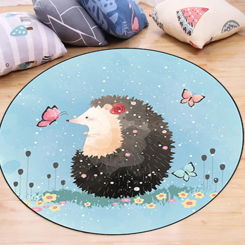 BowLift | Kids Bedroom Carpet in Blue Animal Elephant Rabbit Hedgehog Print Carpet Polyester Pet-Friendly Area Rug