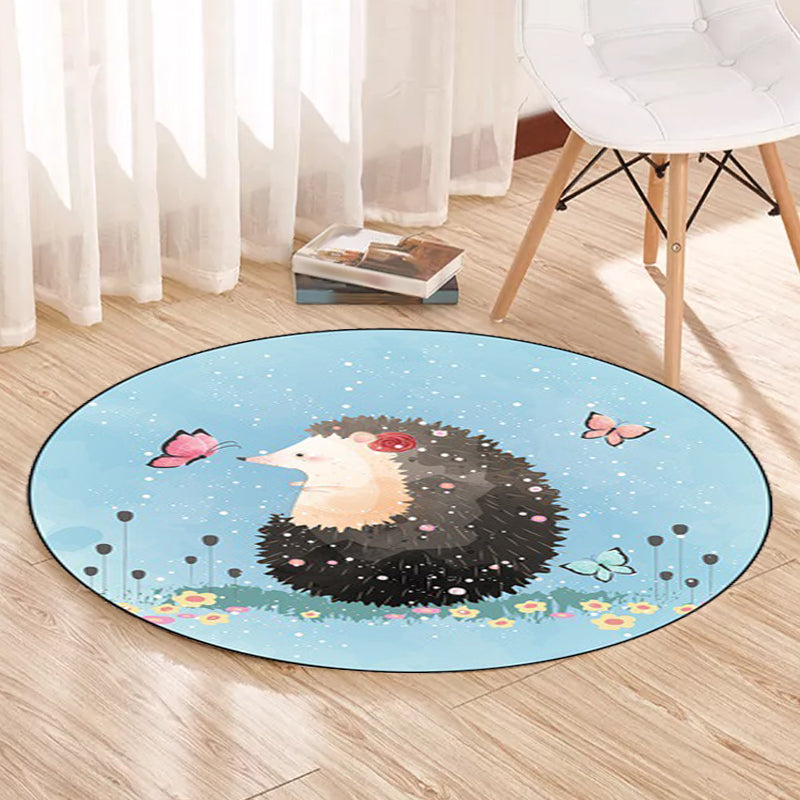 BowLift | Kids Bedroom Carpet in Blue Animal Elephant Rabbit Hedgehog Print Carpet Polyester Pet-Friendly Area Rug