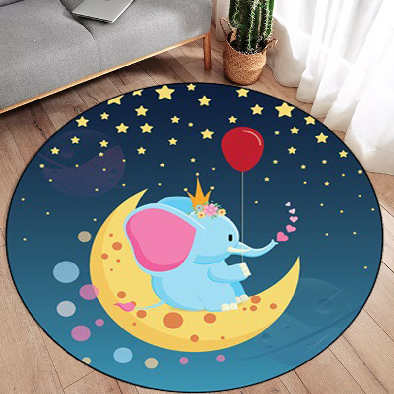 BowLift | Kids Bedroom Carpet in Blue Animal Elephant Rabbit Hedgehog Print Carpet Polyester Pet-Friendly Area Rug