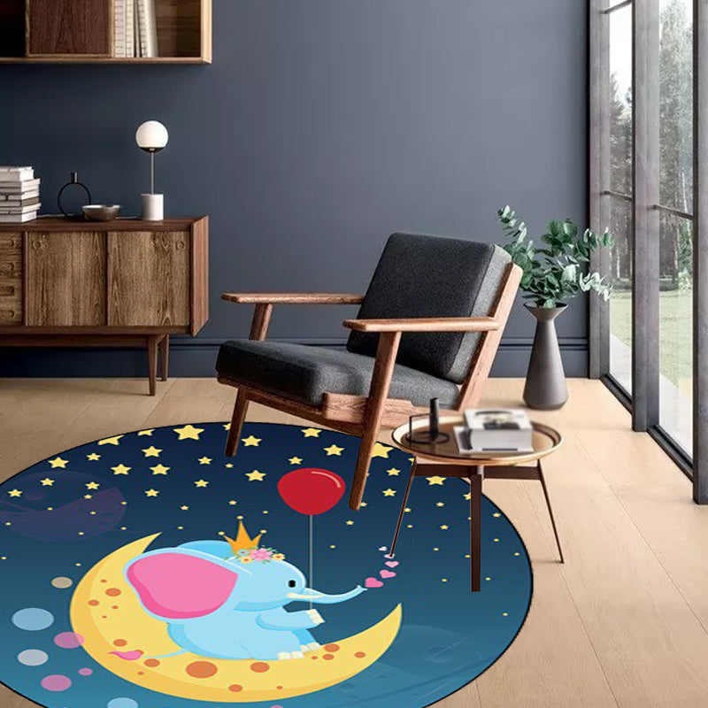 BowLift | Kids Bedroom Carpet in Blue Animal Elephant Rabbit Hedgehog Print Carpet Polyester Pet-Friendly Area Rug