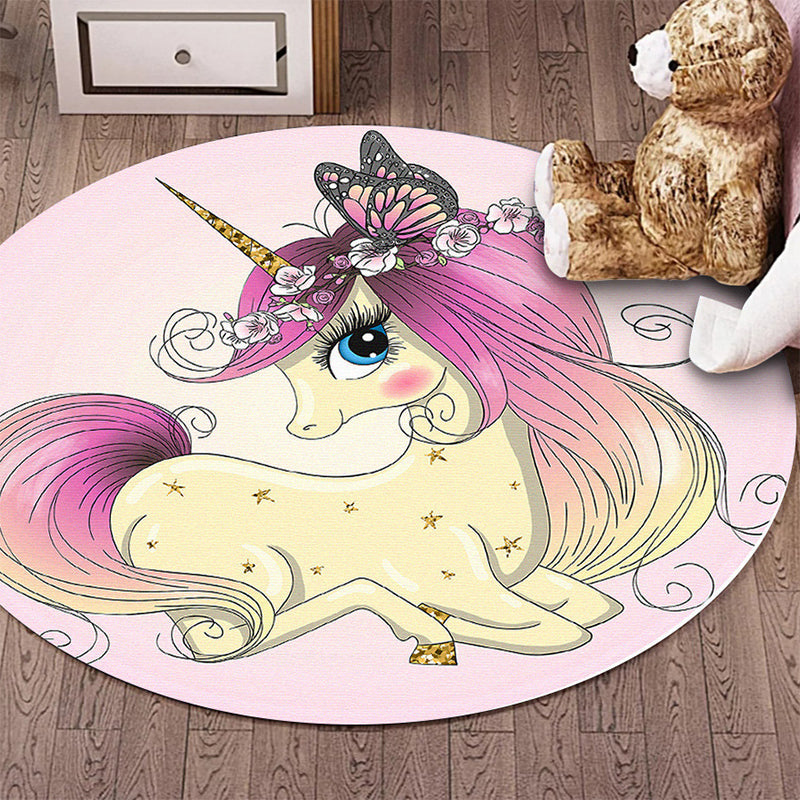 BowLift | Kids Bedroom Rug in Pink Animal Unicorn Butterfly Floral Print Rug Polyester Non-Slip Back Rug