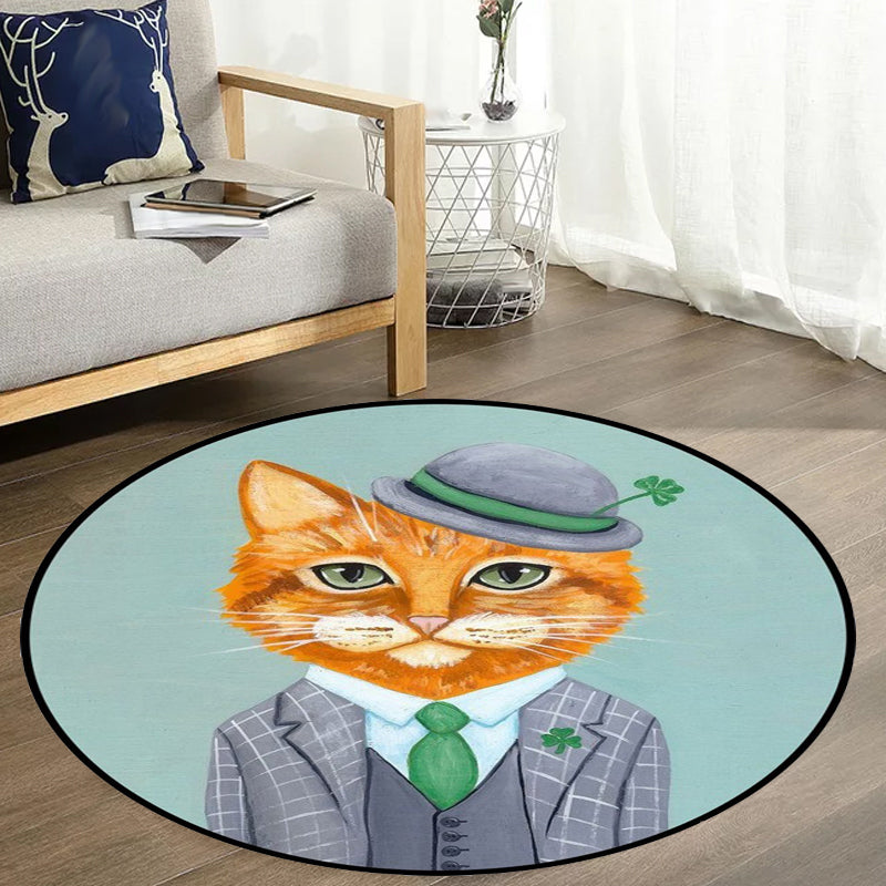 BowLift | Kids Bedroom Carpet in Green and Blue Animal Cat Glass Print Carpet Polyester Pet-Friendly Area Rug