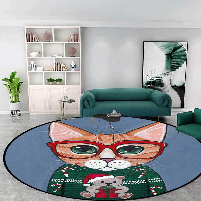 BowLift | Kids Bedroom Carpet in Green and Blue Animal Cat Glass Print Carpet Polyester Pet-Friendly Area Rug