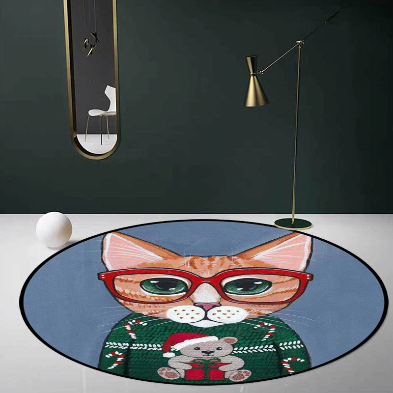 BowLift | Kids Bedroom Carpet in Green and Blue Animal Cat Glass Print Carpet Polyester Pet-Friendly Area Rug