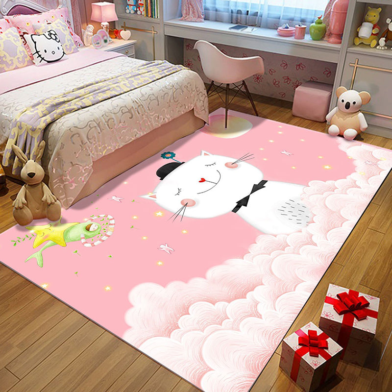 BowLift | Casual Kids Rug in Pink Animal Cat Cloud Pattern Rug Polyester Non-Slip Back Washable Rug for the Kids Room