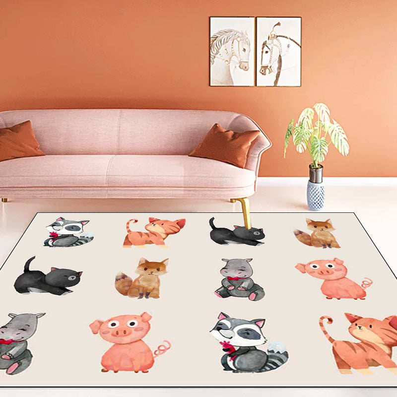 BowLift | Kids Bedroom Rug in Ivory Animal Dog Cat Pig Print Rug Polyester Non-Slip Back Area Rug
