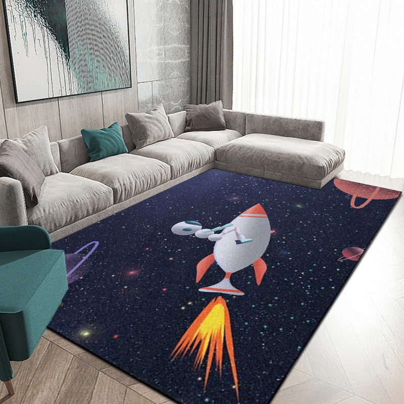 BowLift | Kids Bedroom Carpet in Blue Outdoor Space Galaxy Rockets Astronaut Print Carpet Polyester Non-Slip Backing Area Rug
