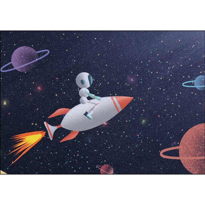 BowLift | Kids Bedroom Carpet in Blue Outdoor Space Galaxy Rockets Astronaut Print Carpet Polyester Non-Slip Backing Area Rug