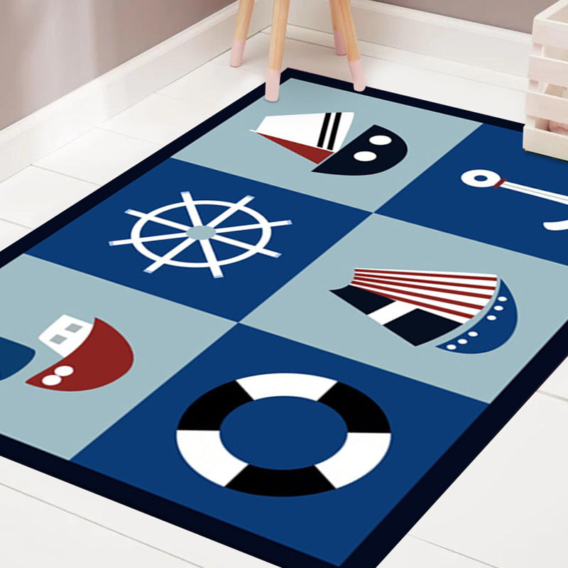BowLift | Kids' Bedroom Carpet in Blue Cars & Roads Ship Anchor Steering Wheel Printed Carpet Polyester Machine Washable Carpet
