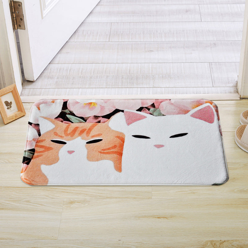 BowLift | Kids Children's Room Rug in Pink and Yellow Animal Cat Flower Pattern Rug Polyester Non-Slip Back Rug