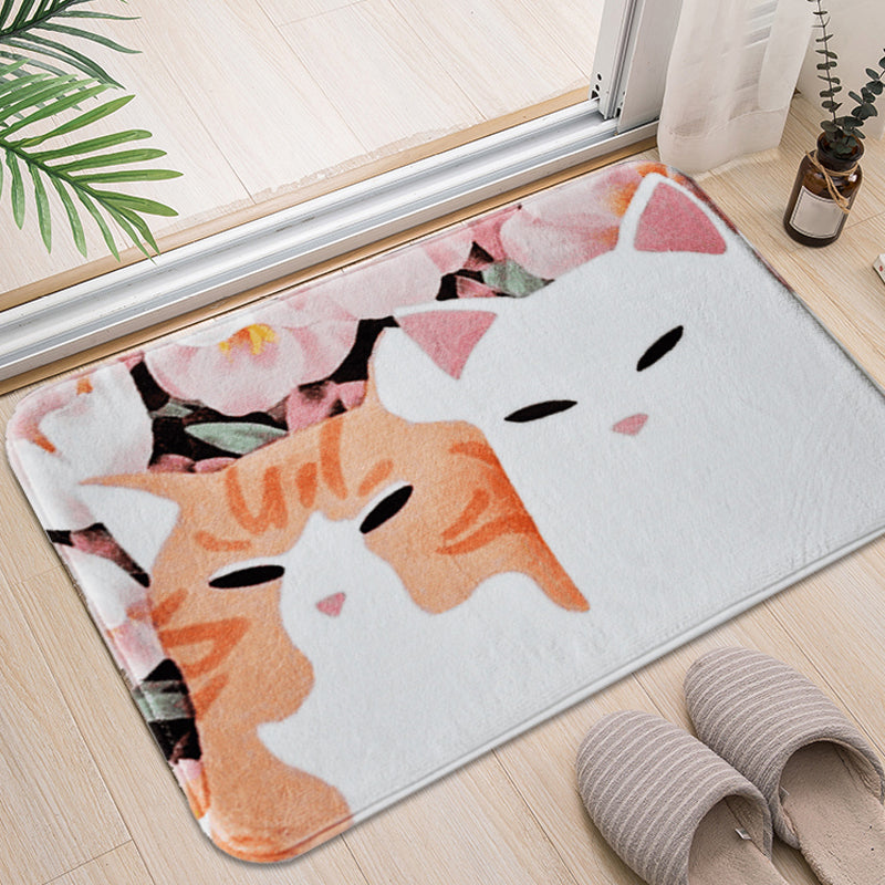 BowLift | Kids Children's Room Rug in Pink and Yellow Animal Cat Flower Pattern Rug Polyester Non-Slip Back Rug