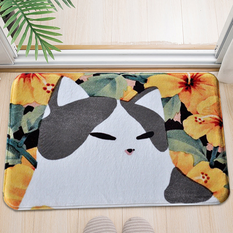 BowLift | Kids Children's Room Rug in Pink and Yellow Animal Cat Flower Pattern Rug Polyester Non-Slip Back Rug