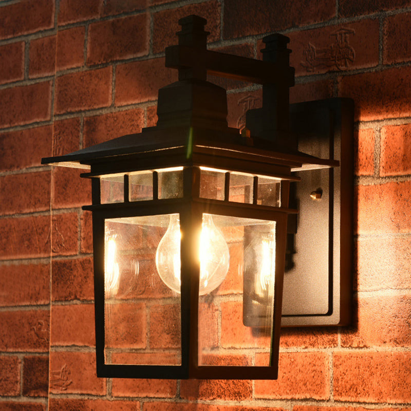 BowLift | Lantern Clear Glass Wall Hanging Lamp Industrial Single Bulb Veranda Wall Light in Black