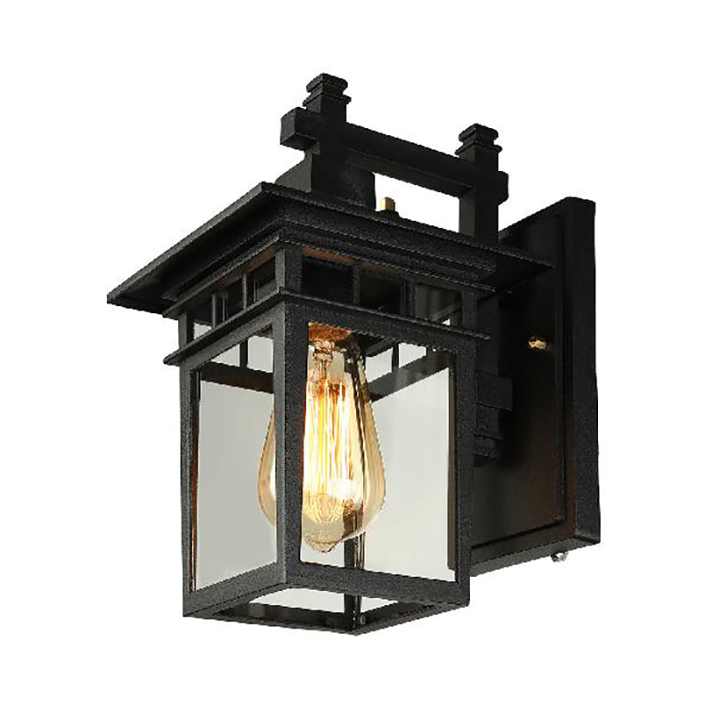 BowLift | Lantern Clear Glass Wall Hanging Lamp Industrial Single Bulb Veranda Wall Light in Black