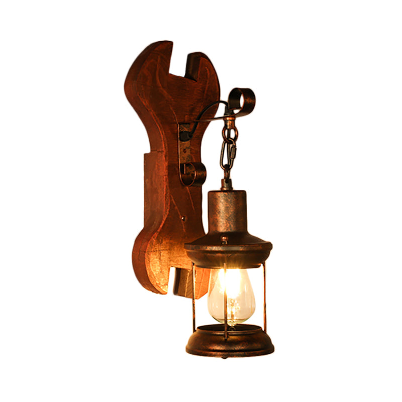BowLift | Rust One-Light Wall Light Coastal Clear Glass Lantern Lighting Fixture with Wood Back Plate
