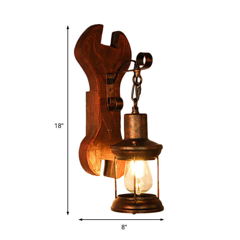 BowLift | Rust One-Light Wall Light Coastal Clear Glass Lantern Lighting Fixture with Wood Back Plate
