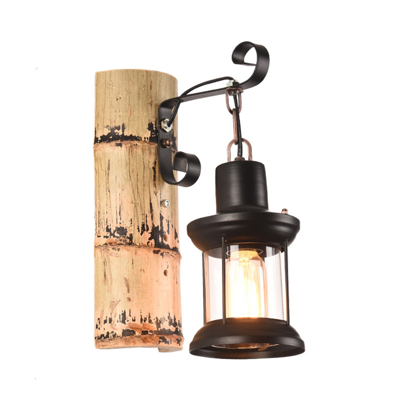 BowLift | A wall lamp with a clear glass lantern in industrial style, wall lamp for the dining room in black with a bamboo backplate