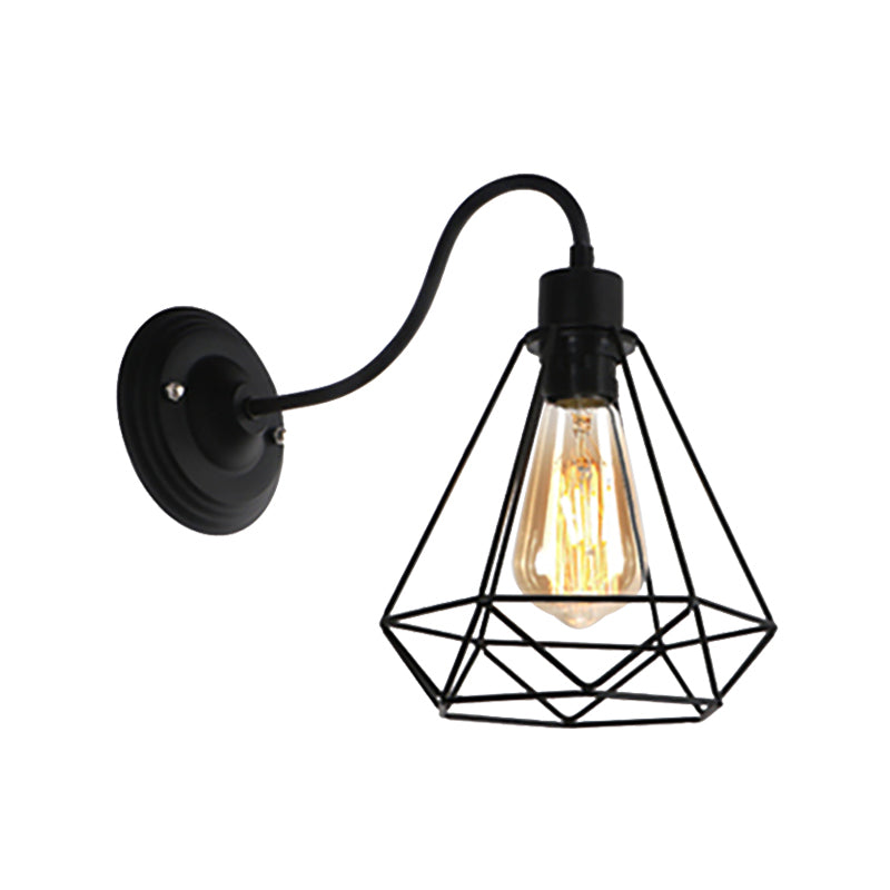 BowLift | Black 1 Light Wall Lamp Retro Style Metal Diamond/Star Wall Light with Cage Shade for Café