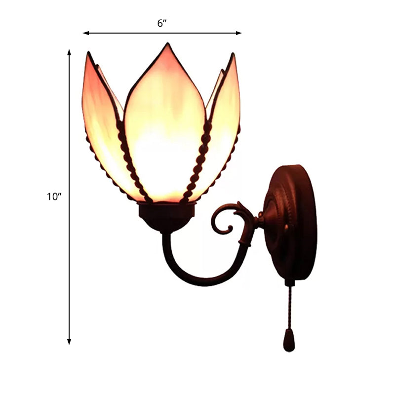 BowLift | A light Petal wall lighting with curved arm and pull chain, stained glass rustic wall lamp