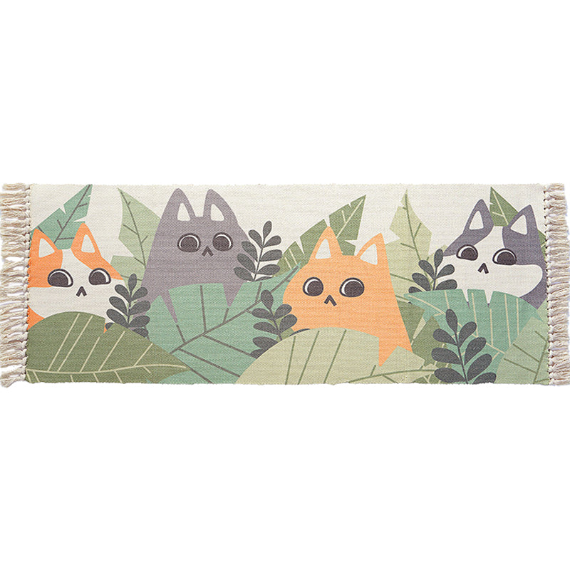 BowLift | Green and ivory children's rug Kids Animal Cat Fish Pattern Area Rug Cotton Pet-friendly Carpet with Fringe