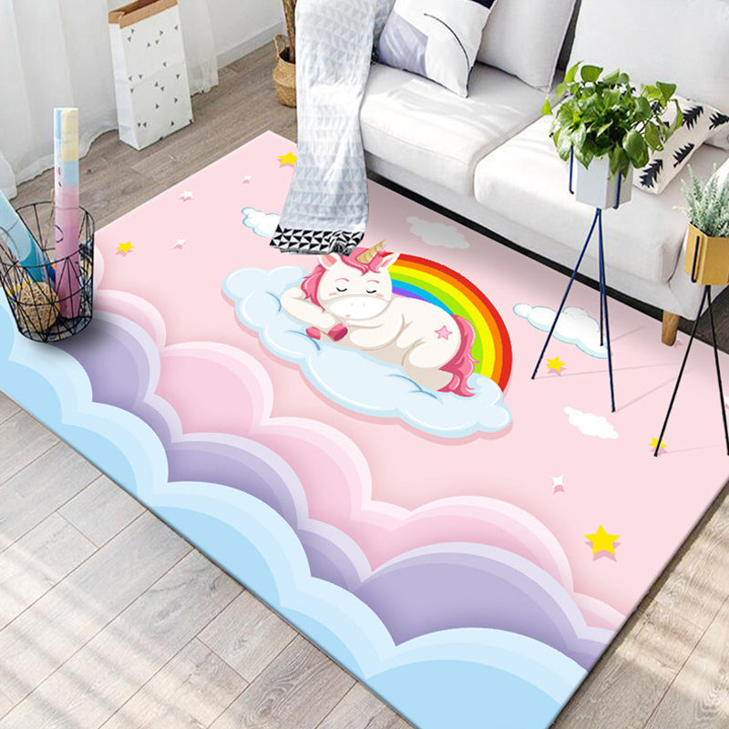 BowLift | Kids Children's Room Rug in Blue and Pink Animal Cat Rabbit Dolphin Print Rug Polyester Pet-Friendly Area Rug