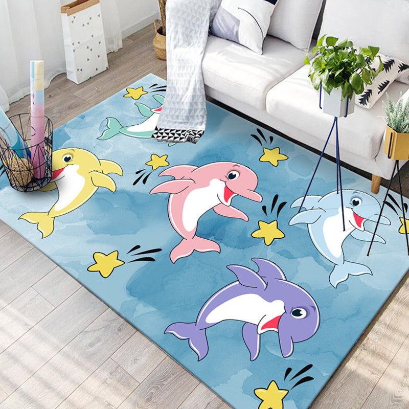 BowLift | Kids Children's Room Rug in Blue and Pink Animal Cat Rabbit Dolphin Print Rug Polyester Pet-Friendly Area Rug