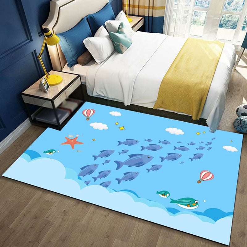 BowLift | Beautiful Children's Rug in Blue and Pink with Fairy Tale Castle Balloon Pattern Rug Polyester Washable Rug for the Children's Room