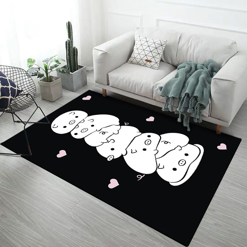 BowLift | Kids' Room Rug in Black and Pink with Animal Motif - Chicken, Unicorn, Pig - Polyester Non-Slip Rug