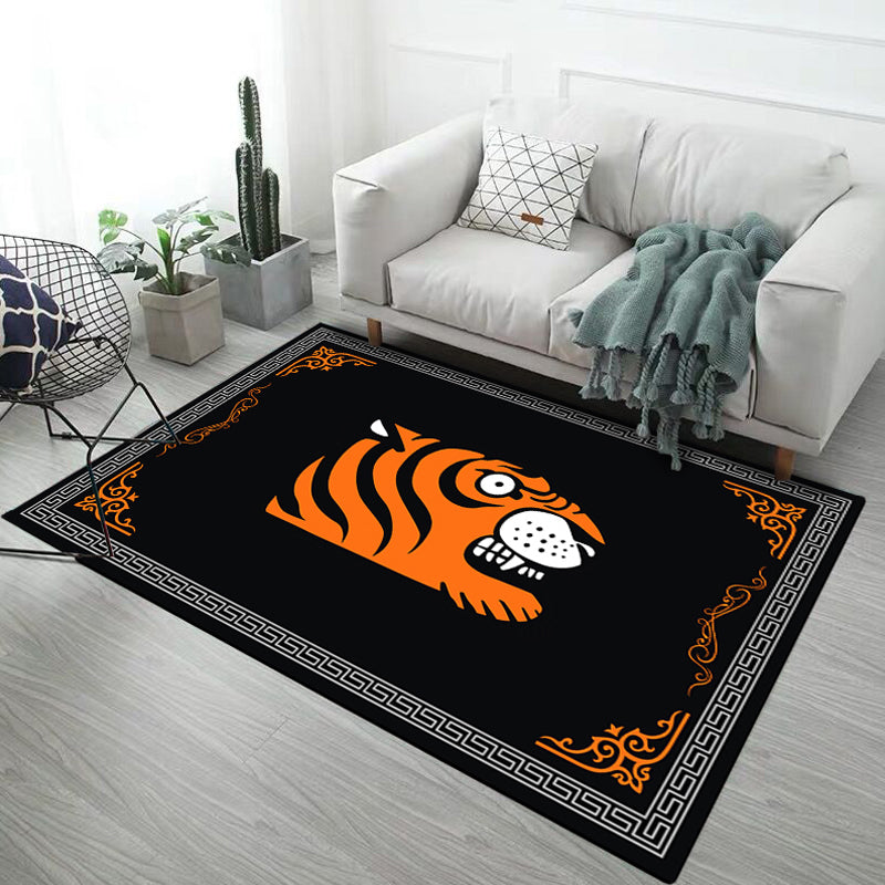 BowLift | Kids Children's Room Rug in Black and Pink Animals Tiger Elephant Pig Print Rug Polyester Stain-Resistant Area Rug