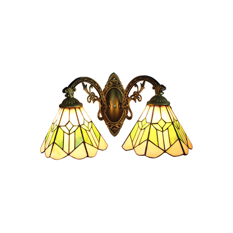 BowLift | Vintage Cone Wall Spotlight Light with Curved Arm 2 Lights Stained Glass Wall Lamp in Green