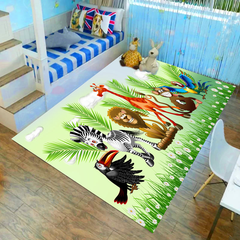 BowLift | Children’s children's room carpet in brown and green animal lion elephant deer print carpet polyester non-slip carpet